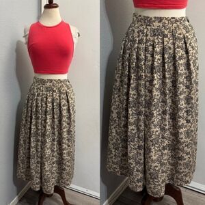 Vintage Size Appeal Midi Skirt L Tan Black Floral Lace Print Pleated Made in USA